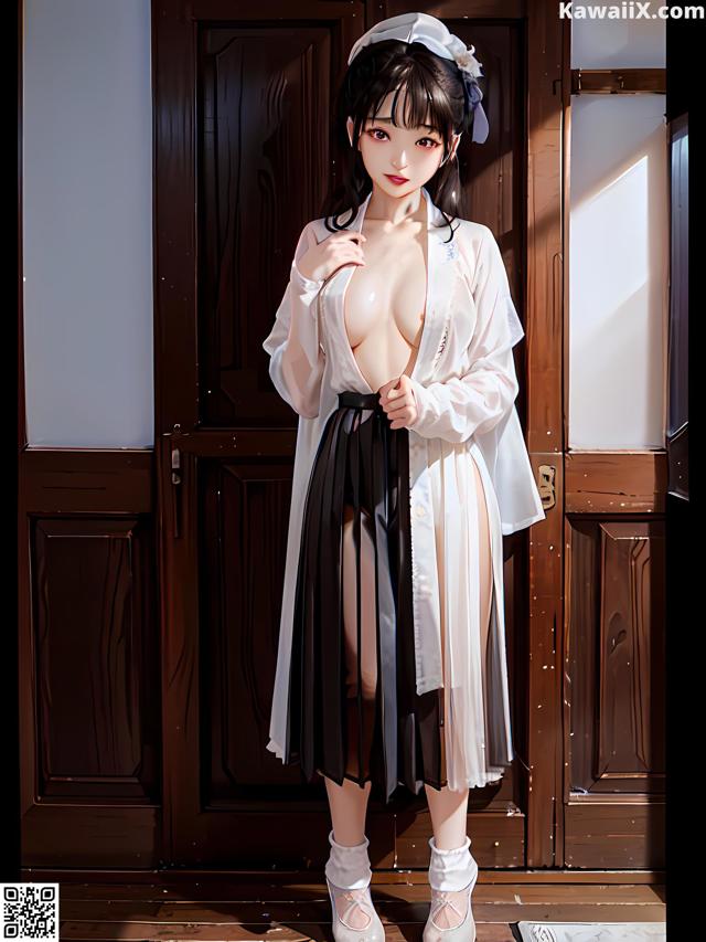 A woman in a white shirt and black skirt posing for a picture.