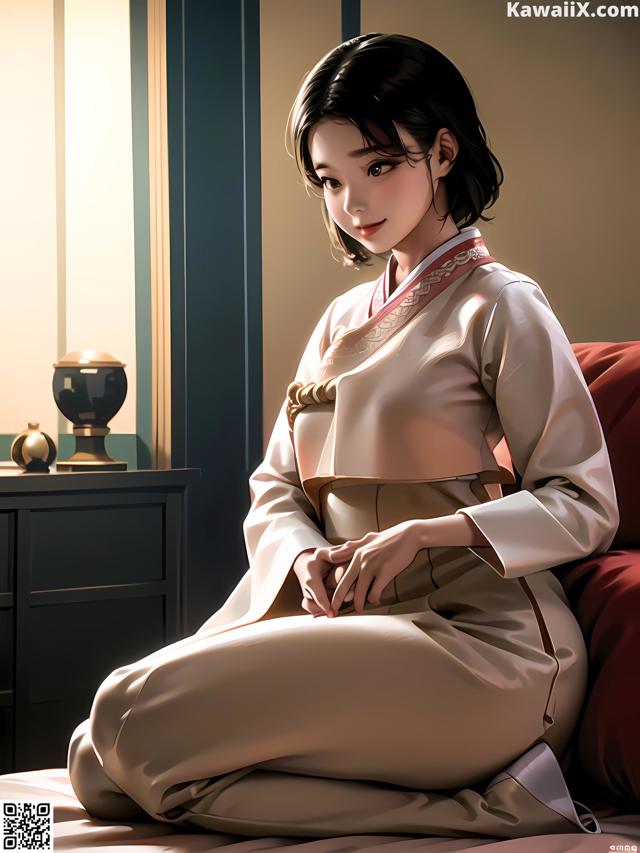 A woman in a kimono sitting on a bed.