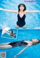 A woman in a black bathing suit floating in a pool.