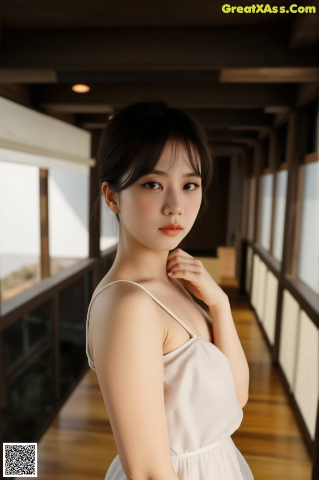 A woman in a white dress posing for a picture.