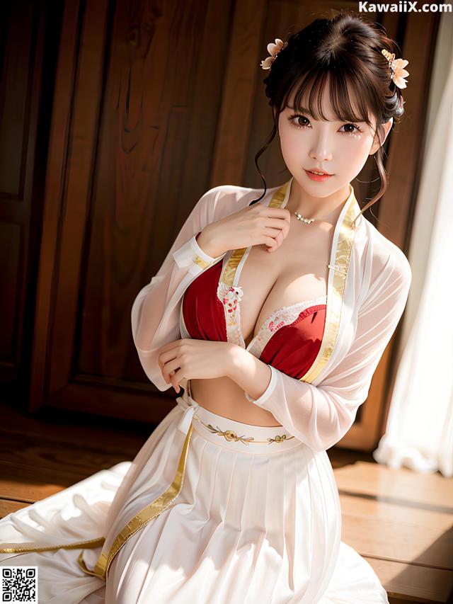 A woman in a white and red dress posing for a picture.