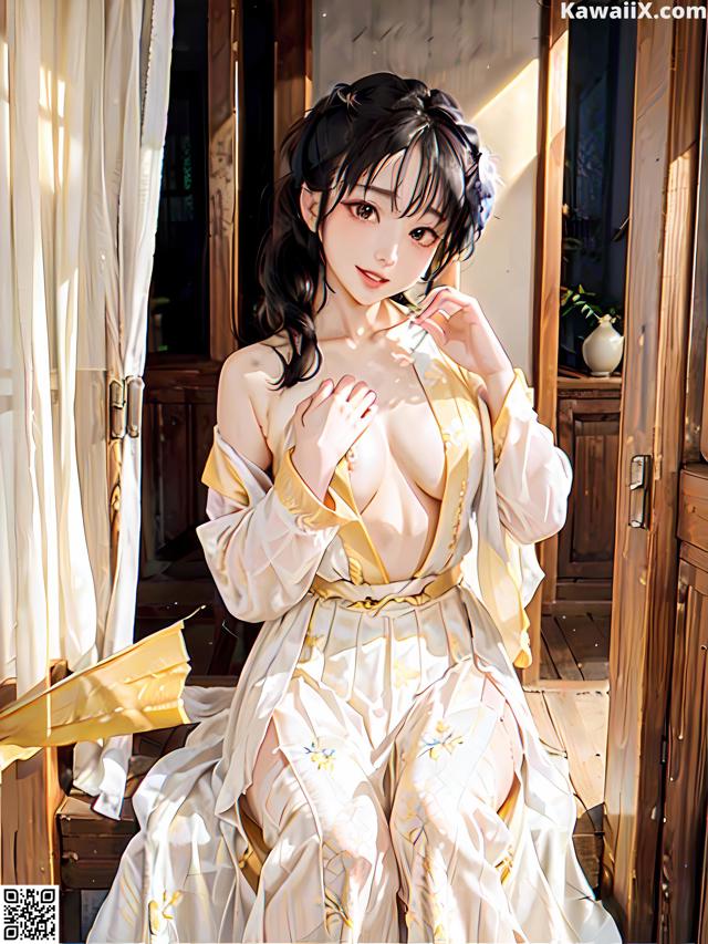 A woman in a white dress sitting on a window sill.